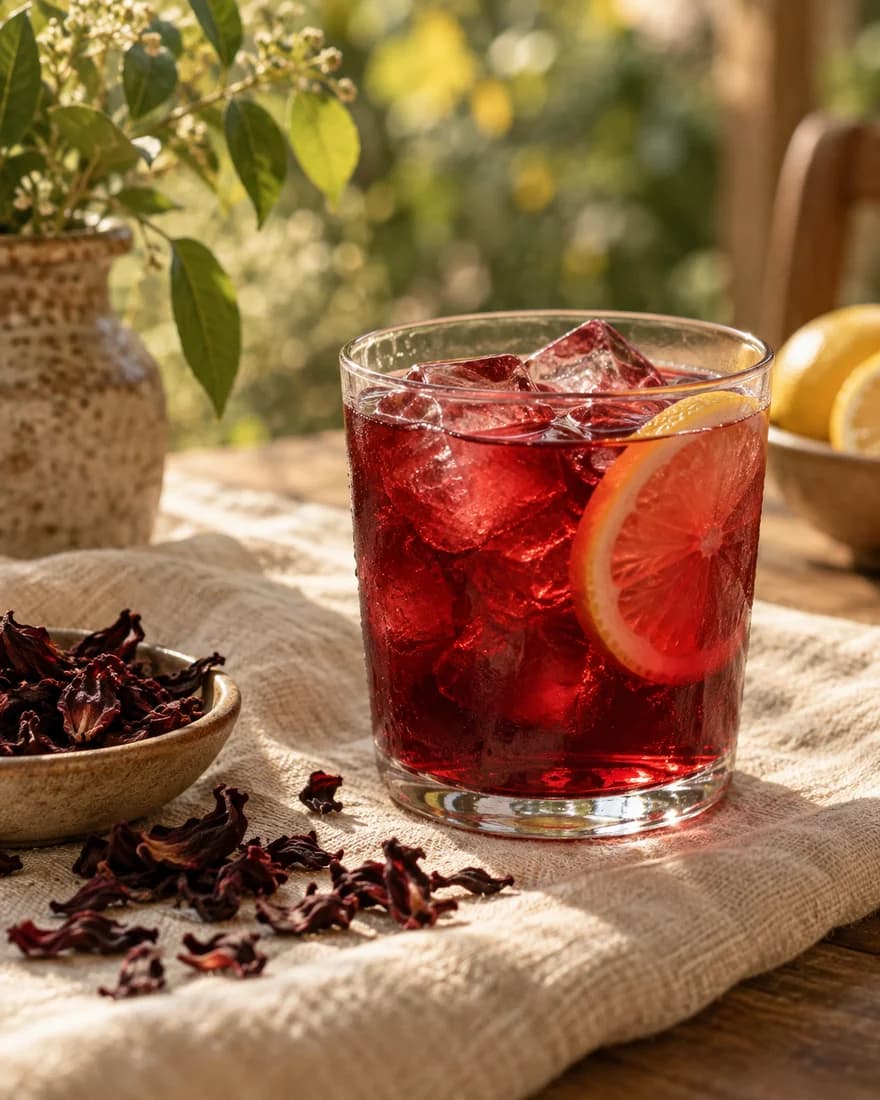 A ruby-red hibiscus iced tea with citrus, ready for a slow afternoon in the garden
