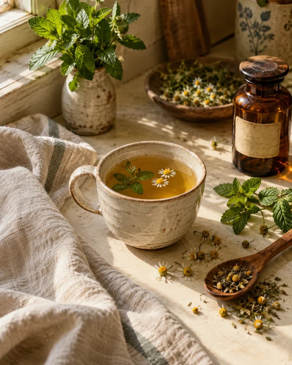 A ceramic cup of golden herbal tea beside fresh mint